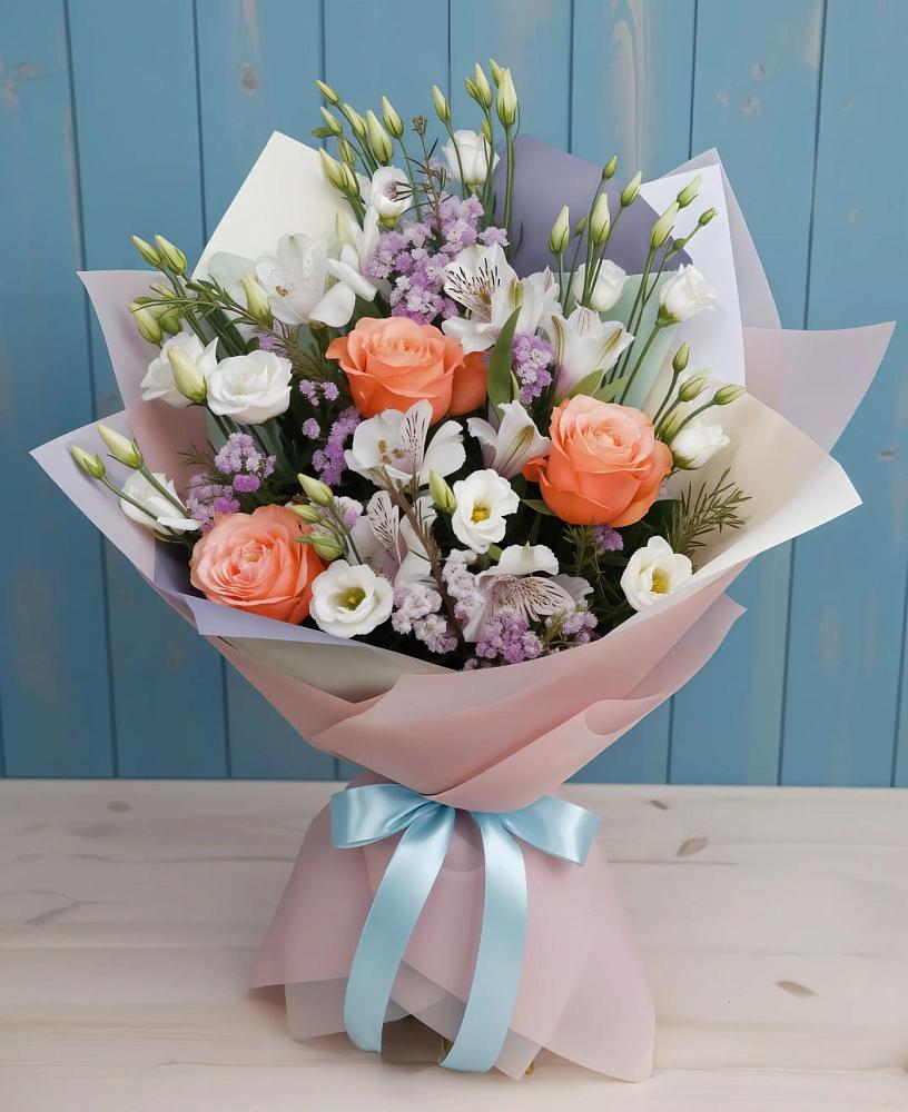 Букет цветов из: Лизиантусы, Розы, Альстромерии и Гипсофила в Вознесеновском