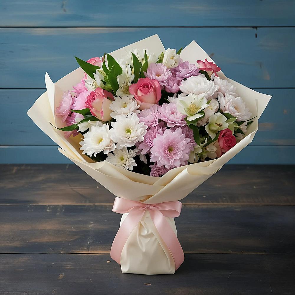 Букет цветов из: Хризантемы, Альстромерии и Розы в Вознесеновском